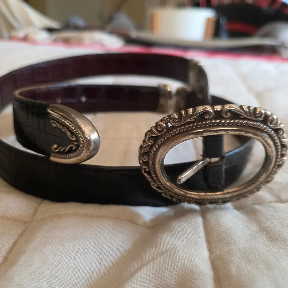 Reversable Faux Croc Belt XXL Brown/Black Silver Filigree Buckle Vtg Western